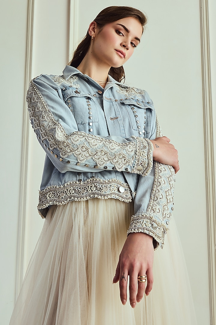 Light Blue Washed Denim Scalloped Jacket by Roseroom by Isha Jajodia at Pernia's Pop Up Shop