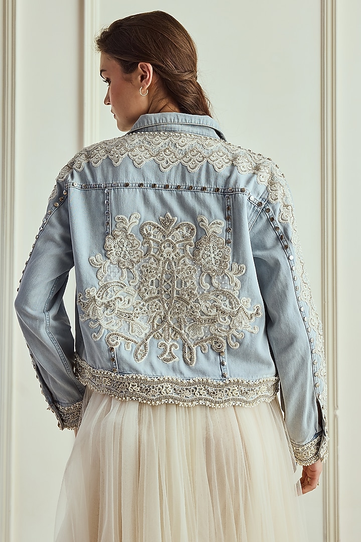 Light Blue Washed Denim Scalloped Jacket by Roseroom by Isha Jajodia at Pernia's Pop Up Shop