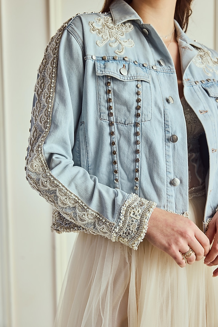 Light Blue Washed Denim Scalloped Jacket by Roseroom by Isha Jajodia at Pernia's Pop Up Shop
