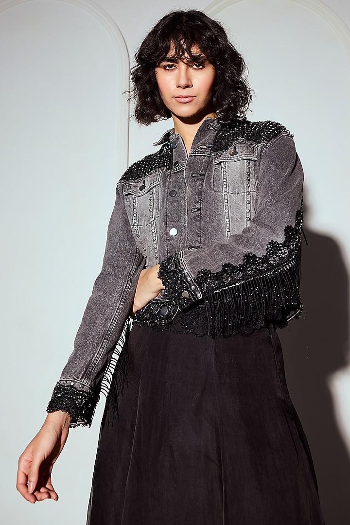 Black Washed Denim Beads Embellished Jacket by Roseroom by Isha Jajodia at Pernia's Pop Up Shop