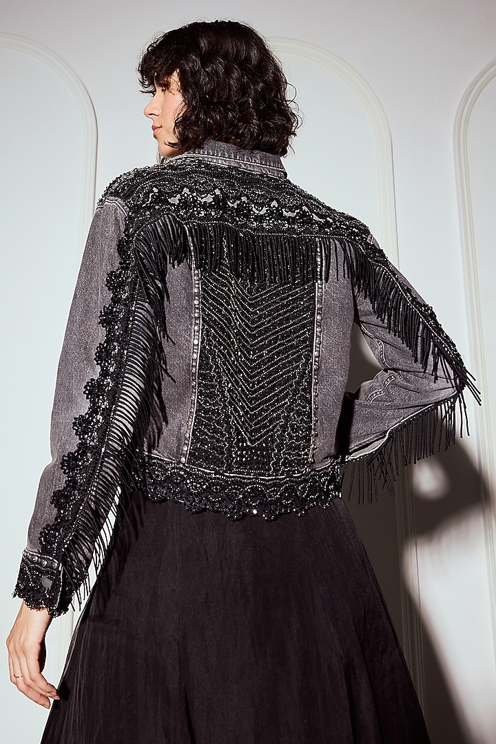 Black Washed Denim Beads Embellished Jacket by Roseroom by Isha Jajodia at Pernia's Pop Up Shop