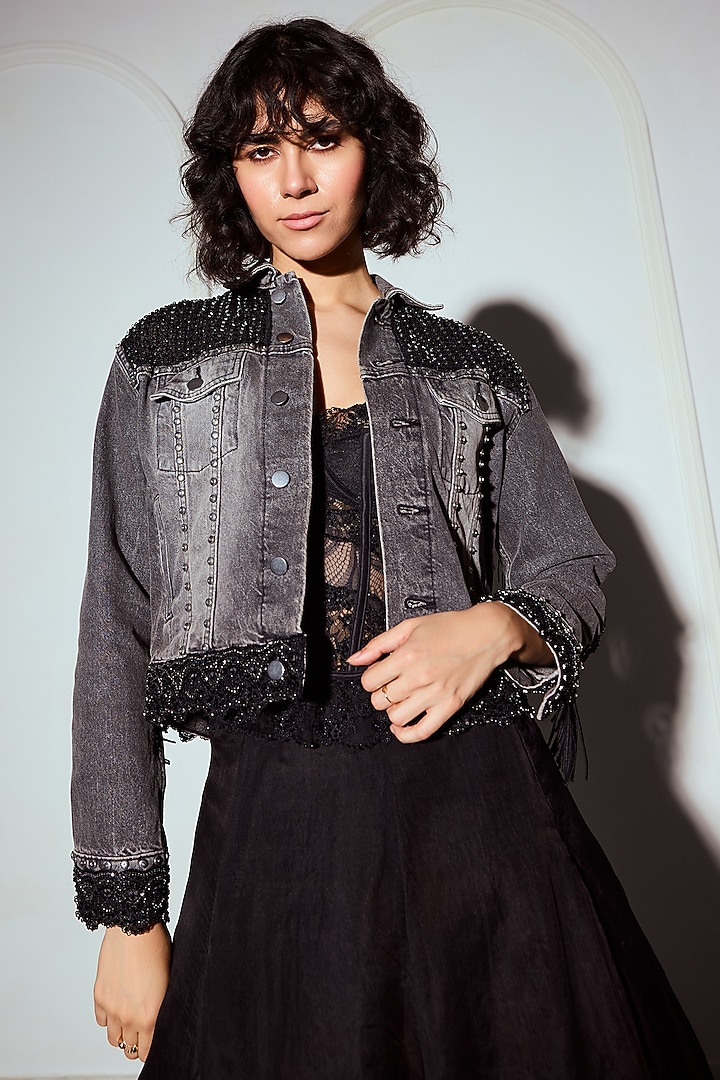 Black Washed Denim Beads Embellished Jacket by Roseroom by Isha Jajodia at Pernia's Pop Up Shop