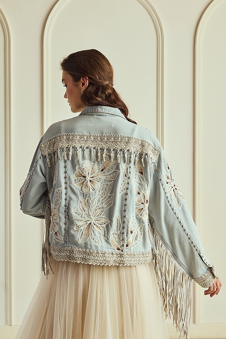 Light Blue Washed Denim Hand Embroidered Fringed Jacket by Roseroom by Isha Jajodia at Pernia's Pop Up Shop