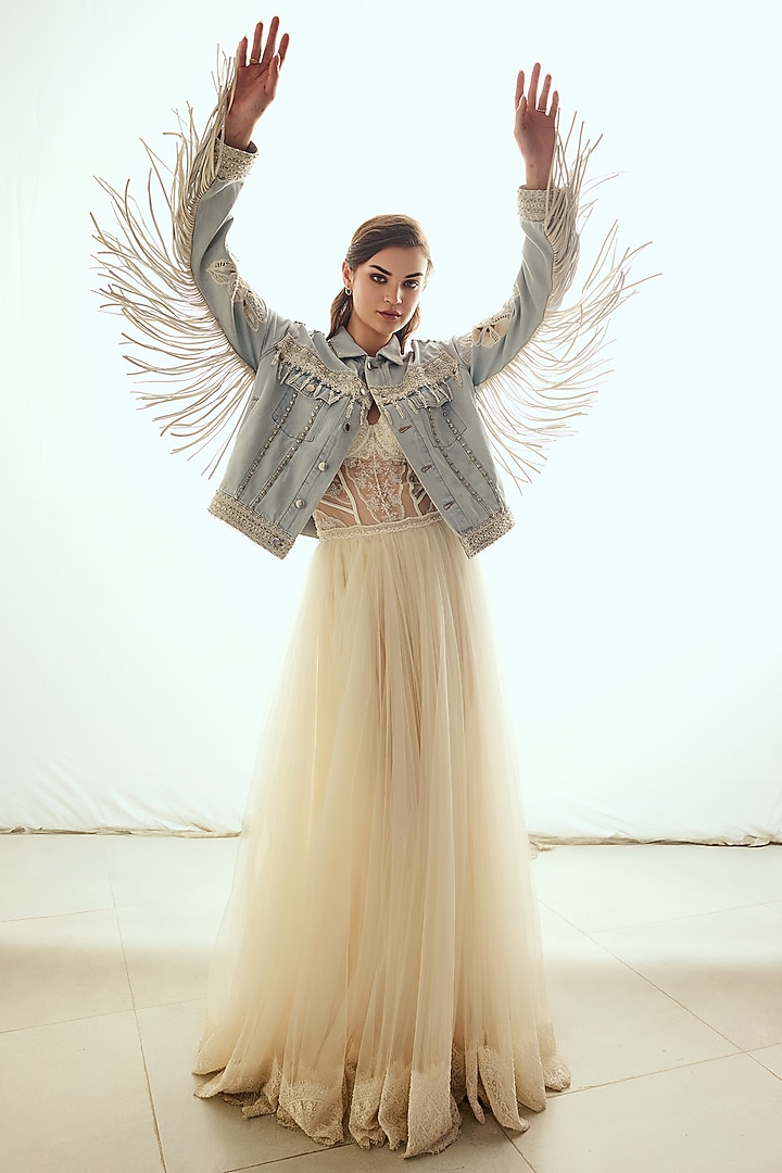 Light Blue Washed Denim Hand Embroidered Fringed Jacket by Roseroom by Isha Jajodia at Pernia's Pop Up Shop