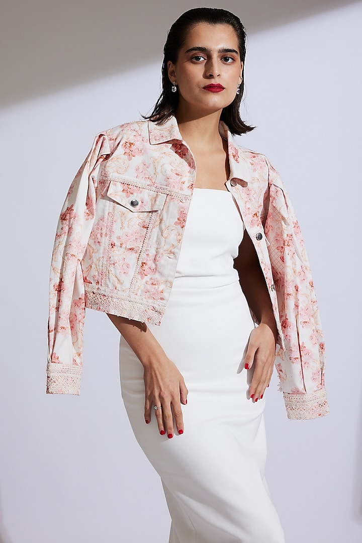 Blush Pink & White Denim Floral Printed Jacket by Roseroom by Isha Jajodia at Pernia's Pop Up Shop