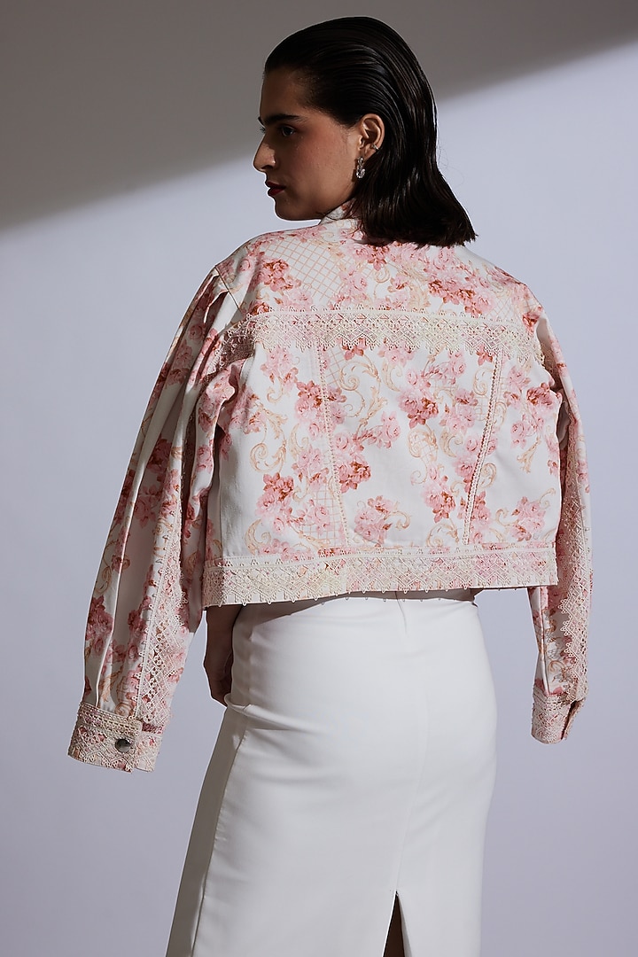 Blush Pink & White Denim Floral Printed Jacket by Roseroom by Isha Jajodia at Pernia's Pop Up Shop
