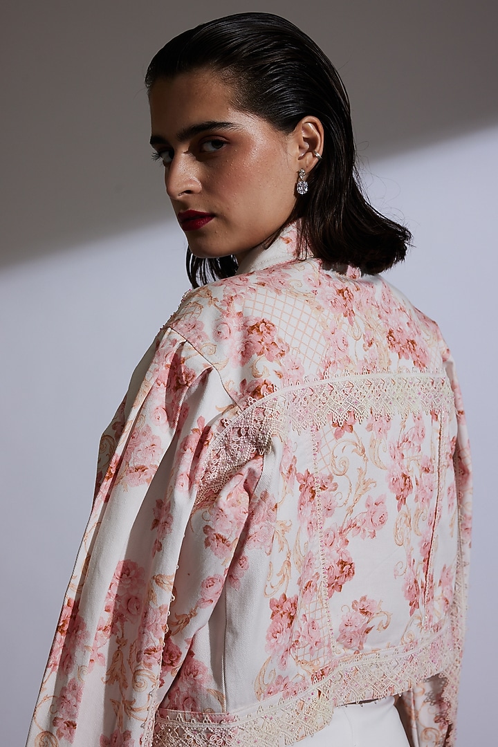 Blush Pink & White Denim Floral Printed Jacket by Roseroom by Isha Jajodia at Pernia's Pop Up Shop