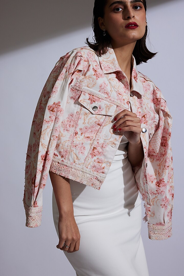 Blush Pink & White Denim Floral Printed Jacket by Roseroom by Isha Jajodia at Pernia's Pop Up Shop