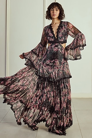 Black & Pink Lurex Chiffon Ikat Printed Layered Maxi Dress by Roseroom by Isha Jajodia