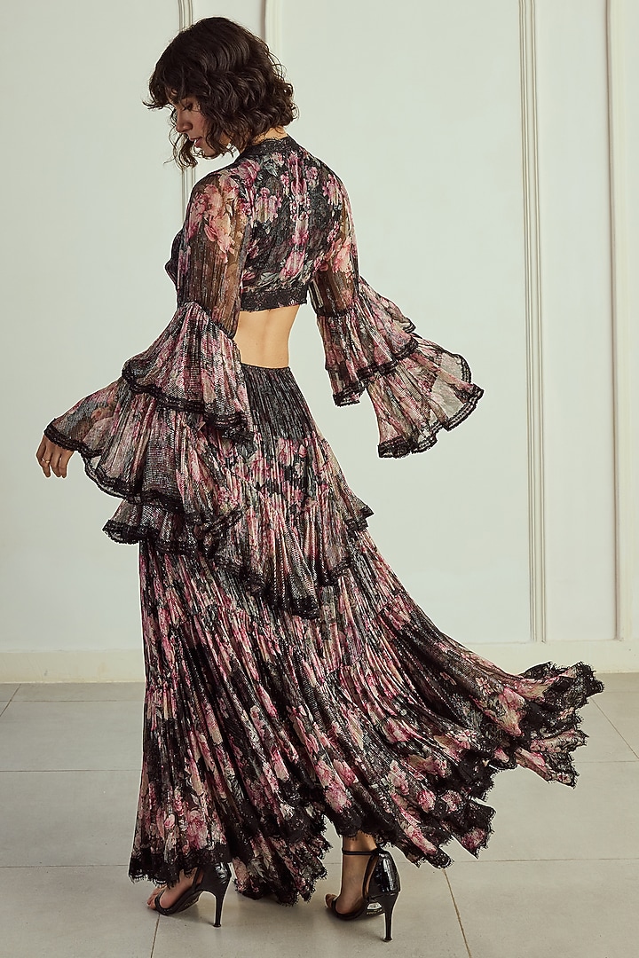 Black & Pink Lurex Chiffon Ikat Printed Layered Maxi Party Wear Dress by Roseroom by Isha Jajodia at Pernia's Pop Up Shop
