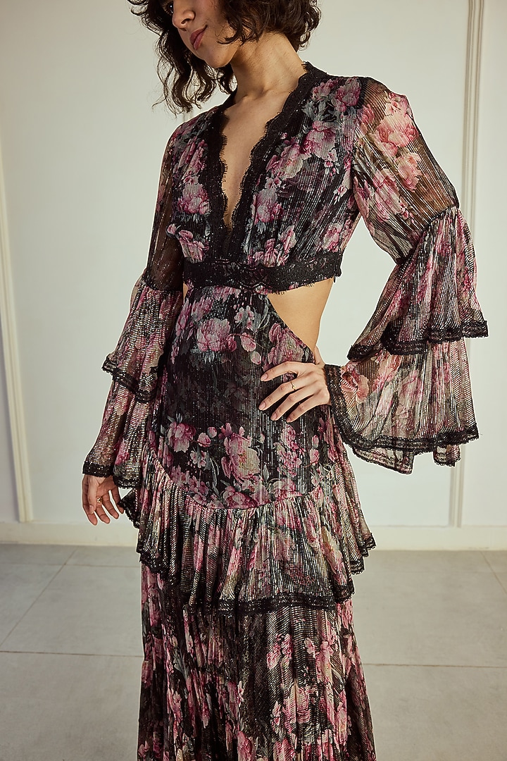 Black & Pink Lurex Chiffon Ikat Printed Layered Maxi Party Wear Dress by Roseroom by Isha Jajodia at Pernia's Pop Up Shop