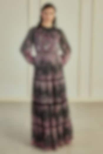 Black & Magenta Pink Lurex Chiffon Floral Printed Maxi Dress With Belt by Roseroom by Isha Jajodia at Pernia's Pop Up Shop