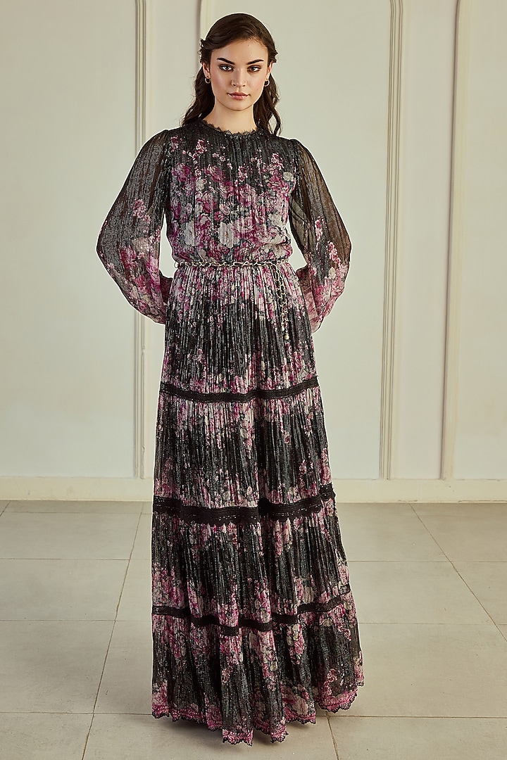 Black & Magenta Pink Lurex Chiffon Floral Printed Maxi Dress With Belt by Roseroom by Isha Jajodia at Pernia's Pop Up Shop