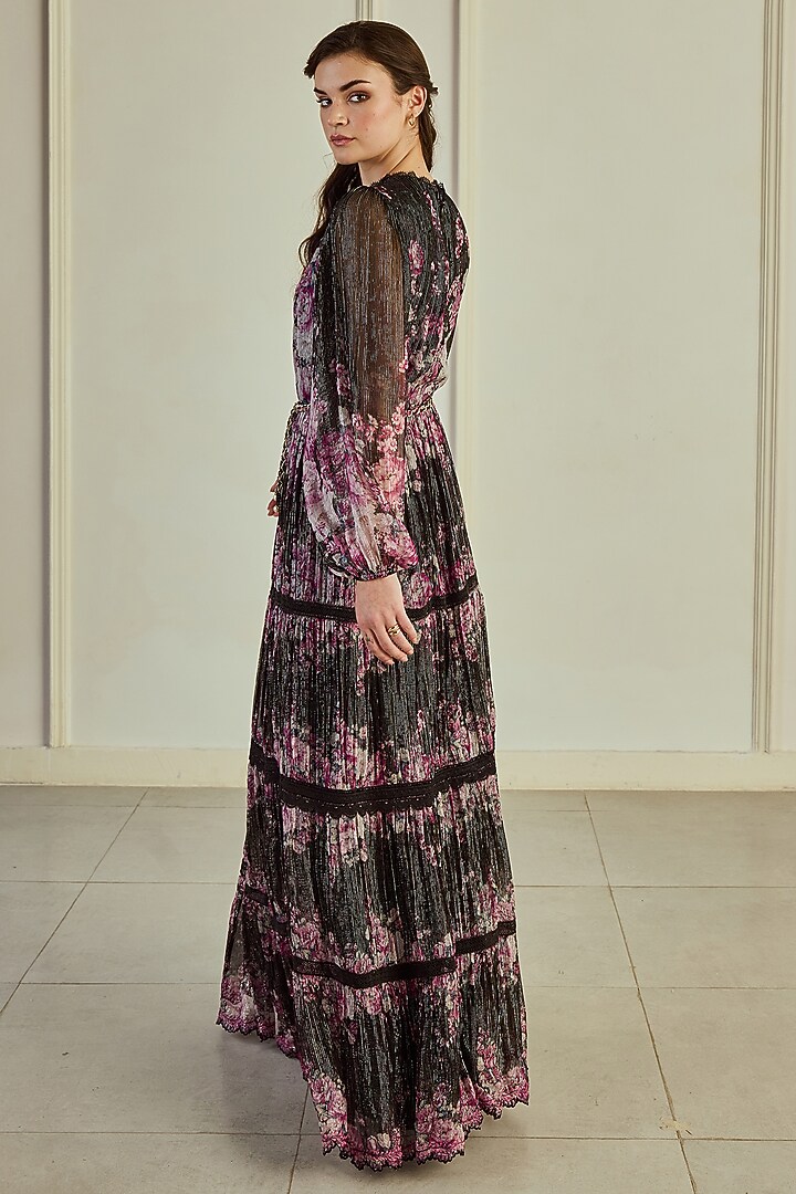 Black & Magenta Pink Lurex Chiffon Floral Printed Maxi Party Wear Dress With Belt by Roseroom by Isha Jajodia at Pernia's Pop Up Shop