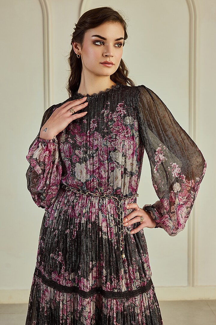 Black & Magenta Pink Lurex Chiffon Floral Printed Maxi Party Wear Dress With Belt by Roseroom by Isha Jajodia at Pernia's Pop Up Shop
