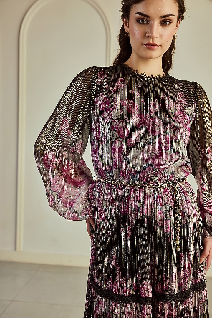 Black & Magenta Pink Lurex Chiffon Floral Printed Maxi Party Wear Dress With Belt by Roseroom by Isha Jajodia at Pernia's Pop Up Shop