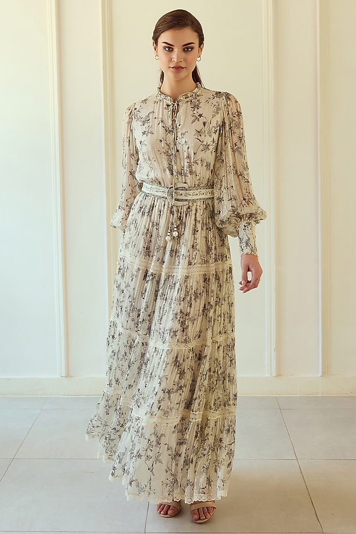 Ivory French Chiffon Printed Maxi Party Wear Dress With Belt by Roseroom by Isha Jajodia at Pernia's Pop Up Shop