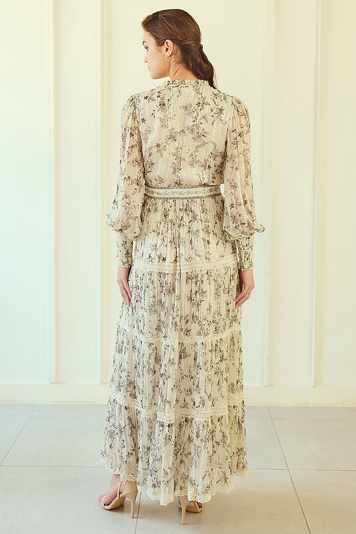 Ivory French Chiffon Printed Maxi Party Wear Dress With Belt by Roseroom by Isha Jajodia at Pernia's Pop Up Shop