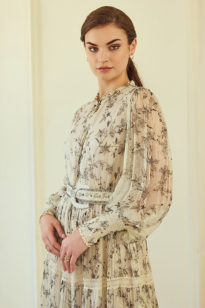 Ivory French Chiffon Printed Maxi Party Wear Dress With Belt by Roseroom by Isha Jajodia at Pernia's Pop Up Shop