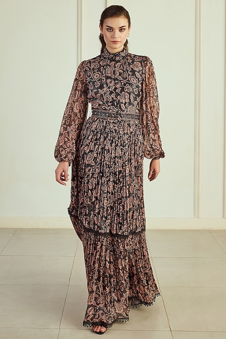 Black & Brown French Chiffon Printed Maxi Dress With Belt by Roseroom by Isha Jajodia at Pernia's Pop Up Shop