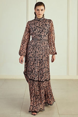 Black & Brown French Chiffon Printed Maxi Dress With Belt by Roseroom by Isha Jajodia