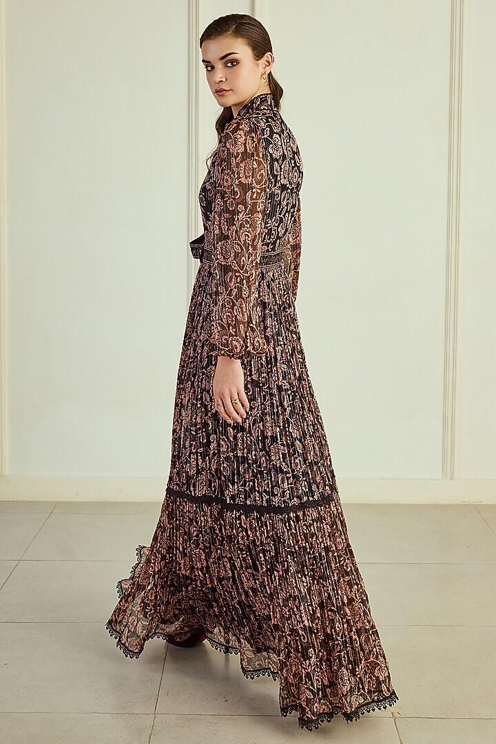 Black & Brown French Chiffon Printed Maxi Party Wear Dress With Belt by Roseroom by Isha Jajodia at Pernia's Pop Up Shop