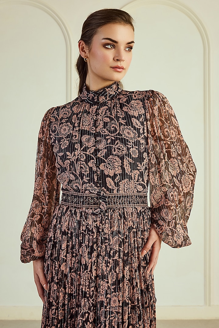 Black & Brown French Chiffon Printed Maxi Party Wear Dress With Belt by Roseroom by Isha Jajodia at Pernia's Pop Up Shop