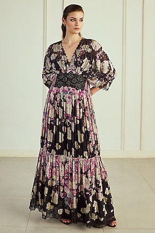 Black & Magenta Viscose Georgette Jacquard Printed Kaftan by Roseroom by Isha Jajodia