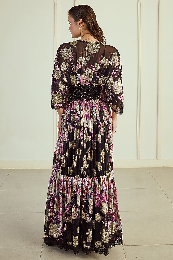 Black & Magenta Viscose Georgette Jacquard Printed Kaftan by Roseroom by Isha Jajodia at Pernia's Pop Up Shop