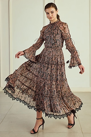 Black & Brown Lurex Chiffon Printed Midi Dress by Roseroom by Isha Jajodia