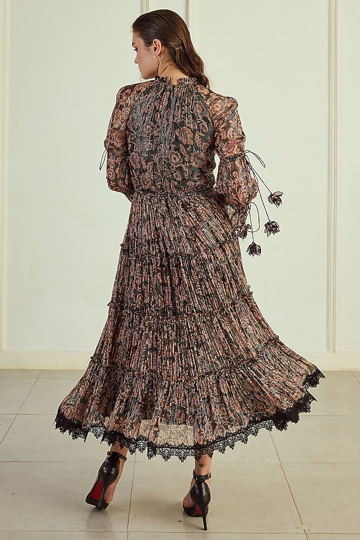 Black & Brown Lurex Chiffon Printed Midi Party Wear Dress by Roseroom by Isha Jajodia at Pernia's Pop Up Shop