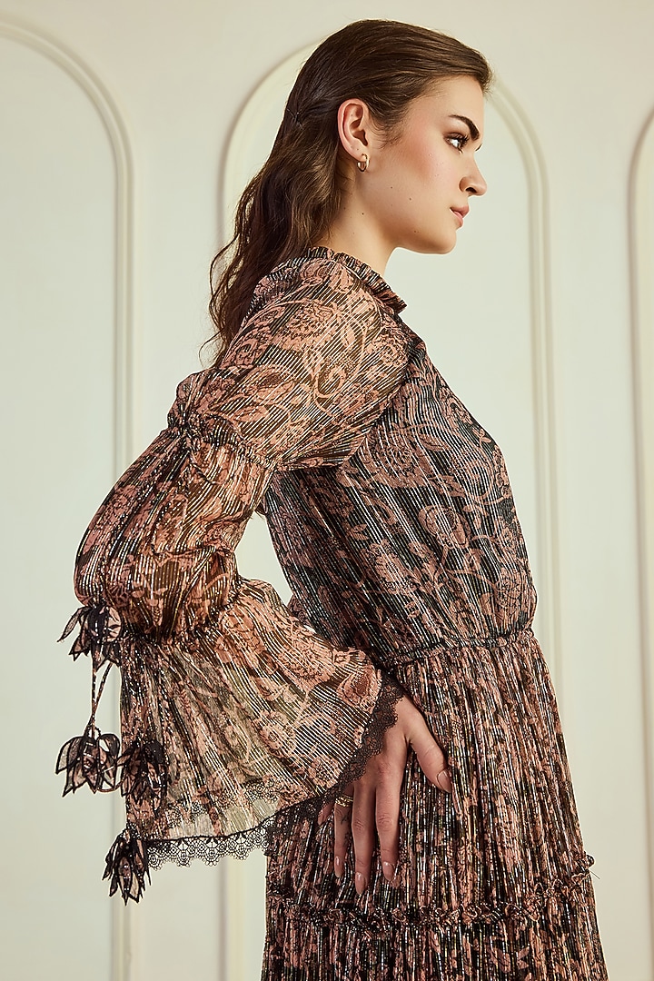 Black & Brown Lurex Chiffon Printed Midi Party Wear Dress by Roseroom by Isha Jajodia at Pernia's Pop Up Shop