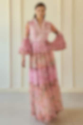 Multi-Colored Poly Soft Net Floral Printed Maxi Dress With Belt by Roseroom by Isha Jajodia at Pernia's Pop Up Shop