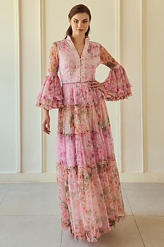 Multi-Colored Poly Soft Net Floral Printed Maxi Dress With Belt by Roseroom by Isha Jajodia