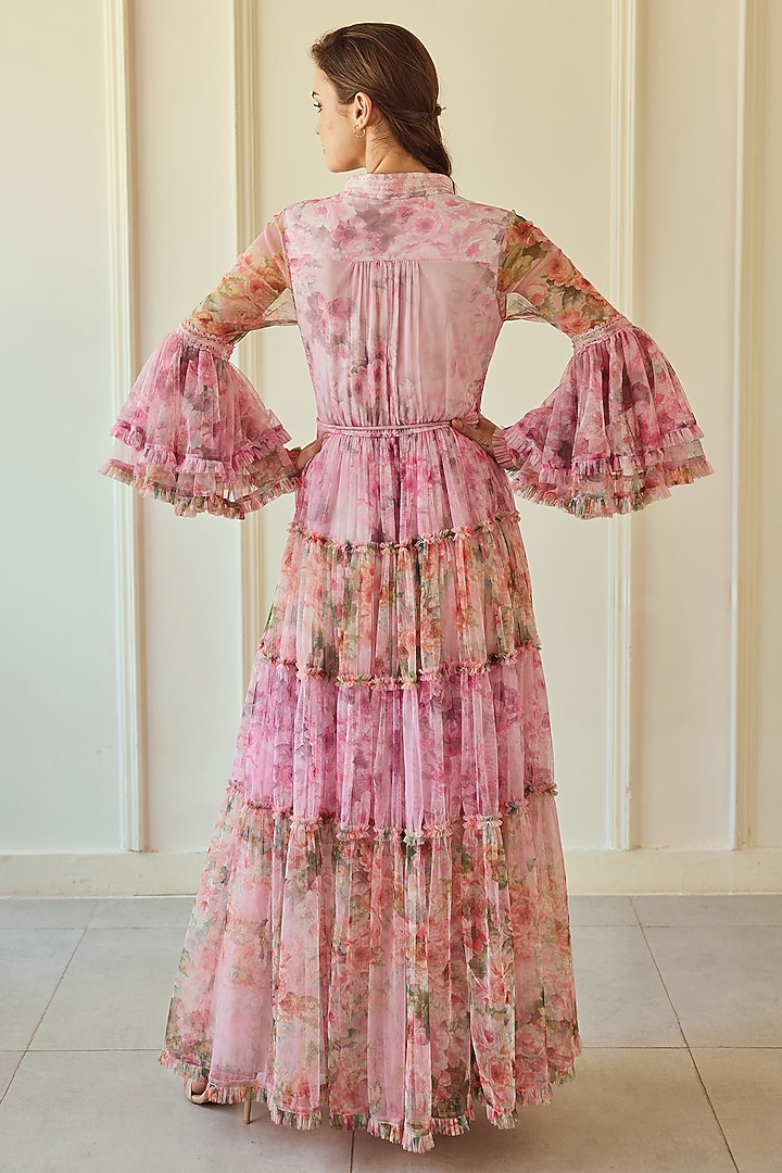 Multi-Colored Poly Soft Net Floral Printed Maxi Party Wear Dress With Belt by Roseroom by Isha Jajodia at Pernia's Pop Up Shop