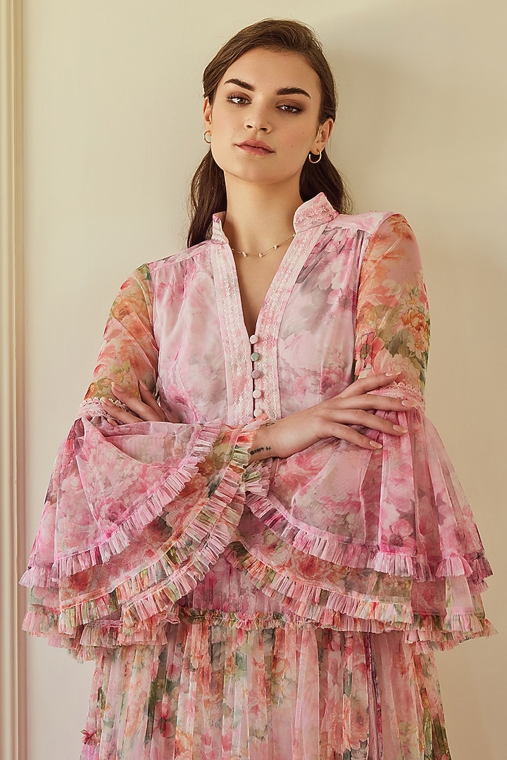 Multi-Colored Poly Soft Net Floral Printed Maxi Party Wear Dress With Belt by Roseroom by Isha Jajodia at Pernia's Pop Up Shop