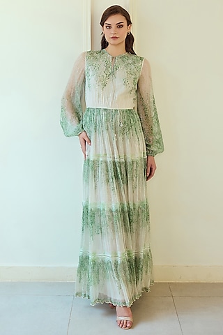 Ivory & Green French Chiffon Floral Printed Maxi Dress by Roseroom by Isha Jajodia
