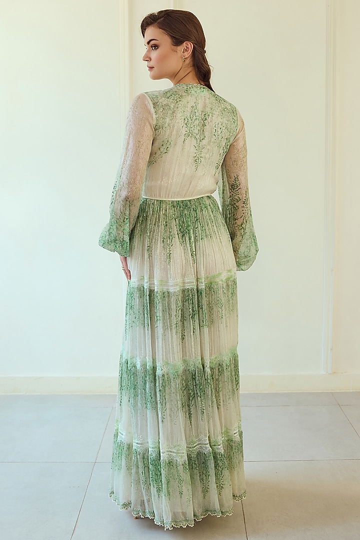 Ivory & Green French Chiffon Floral Printed Maxi Party Wear Dress by Roseroom by Isha Jajodia at Pernia's Pop Up Shop