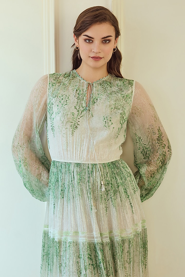 Ivory & Green French Chiffon Floral Printed Maxi Party Wear Dress by Roseroom by Isha Jajodia at Pernia's Pop Up Shop