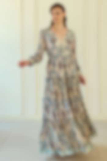 Blue Lurex Chiffon Ikat Printed Maxi Dress by Roseroom by Isha Jajodia