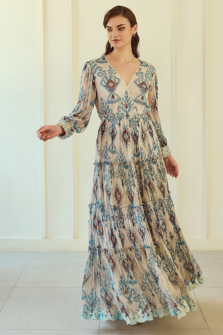 Blue Lurex Chiffon Ikat Printed Maxi Dress by Roseroom by Isha Jajodia