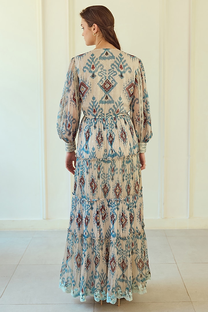 Blue Lurex Chiffon Ikat Printed Maxi Party Wear Dress by Roseroom by Isha Jajodia at Pernia's Pop Up Shop