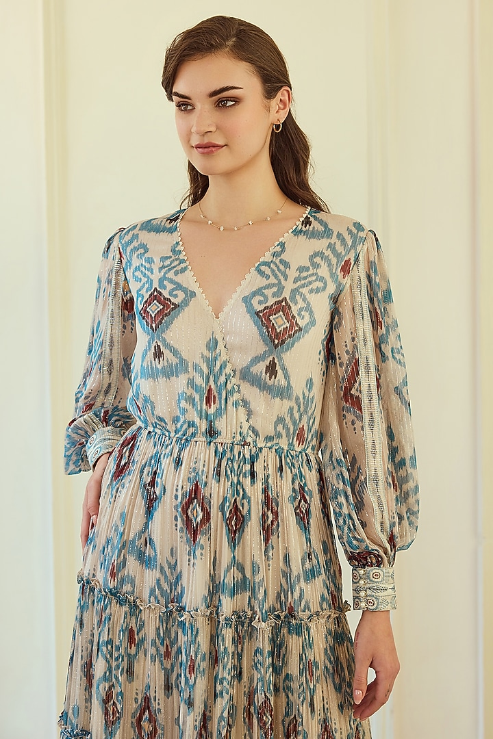 Blue Lurex Chiffon Ikat Printed Maxi Party Wear Dress by Roseroom by Isha Jajodia at Pernia's Pop Up Shop