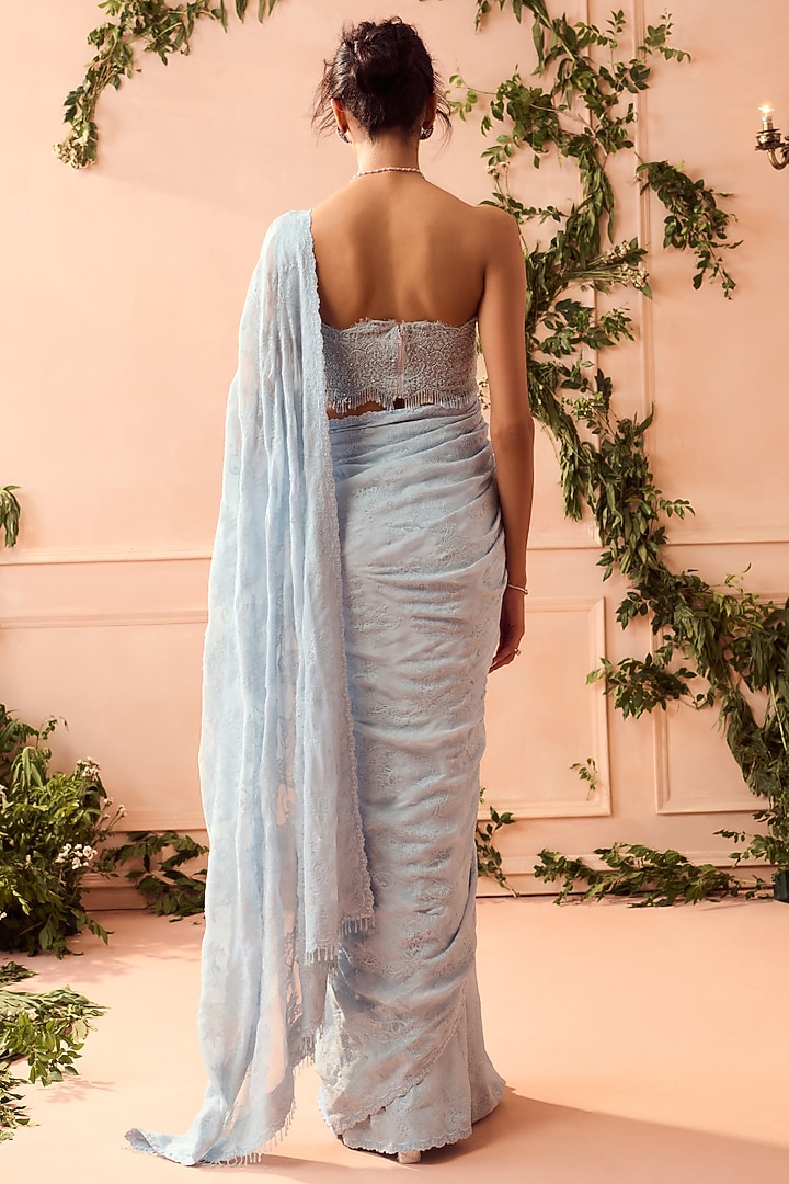 Blue Silk Crepe Reception Saree Set by Roseroom by Isha Jajodia at Pernia's Pop Up Shop