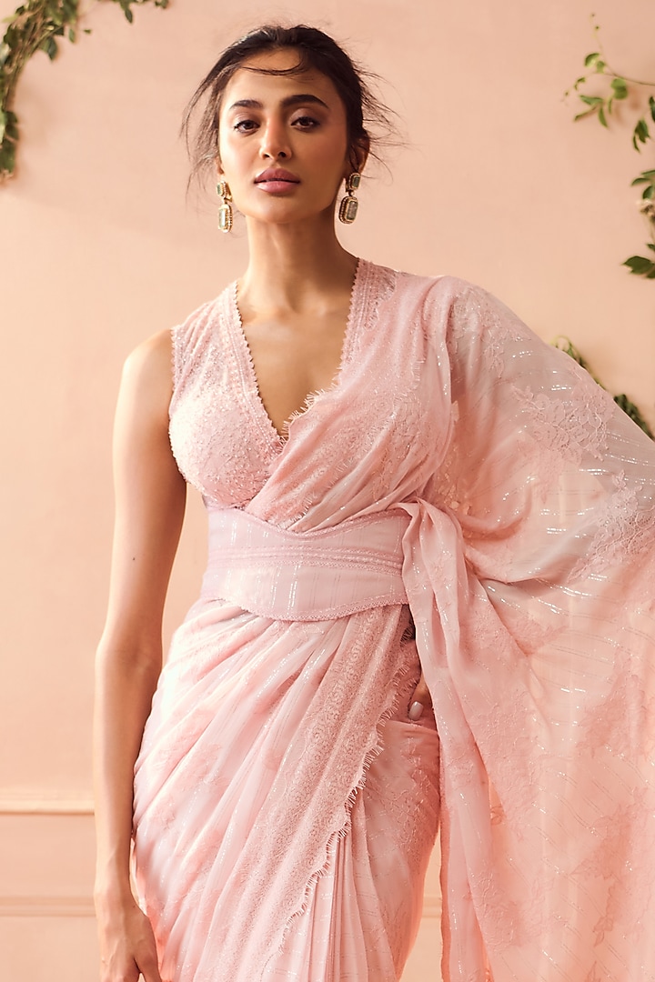 Baby Pink Organza Reception Saree Set by Roseroom by Isha Jajodia at Pernia's Pop Up Shop