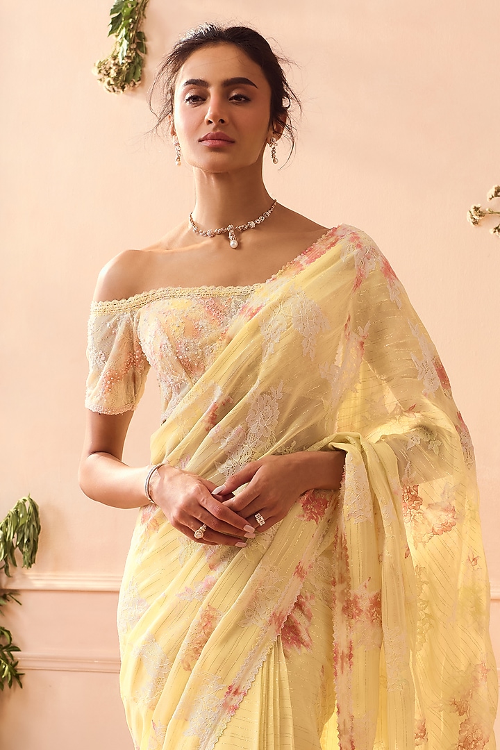 Yellow Chiffon Reception Saree Set by Roseroom by Isha Jajodia at Pernia's Pop Up Shop