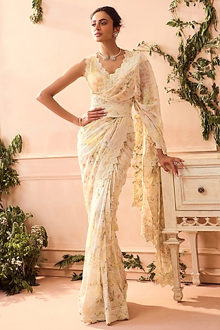 White & Yellow Chiffon Saree Set by Roseroom by Isha Jajodia