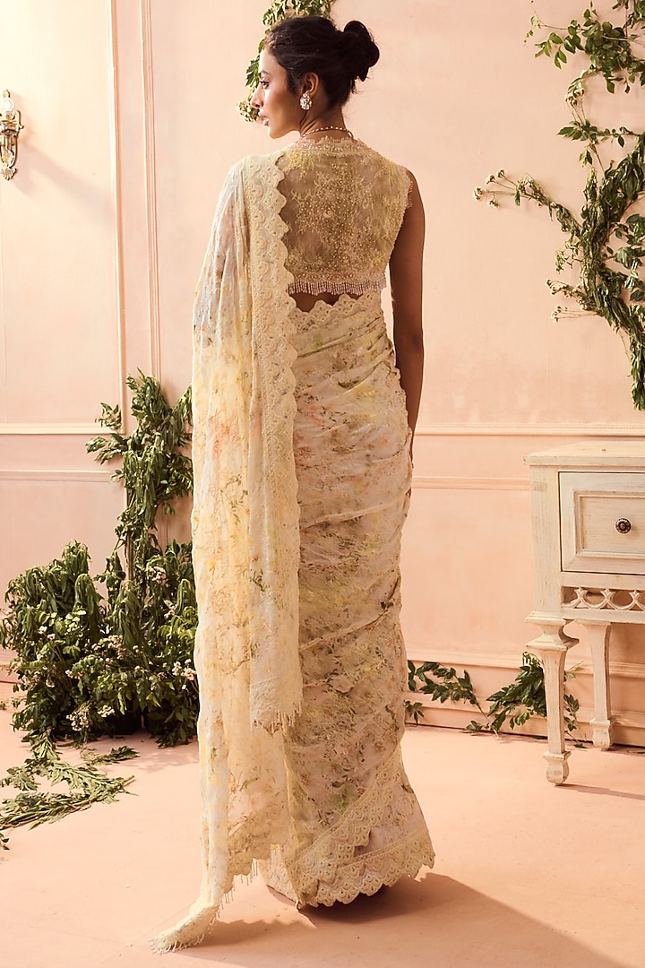 White & Yellow Chiffon Reception Saree Set by Roseroom by Isha Jajodia at Pernia's Pop Up Shop