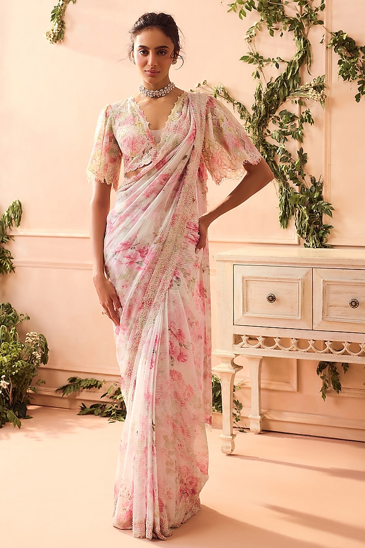 White & Pink Chiffon Printed Saree Set by Roseroom by Isha Jajodia at Pernia's Pop Up Shop