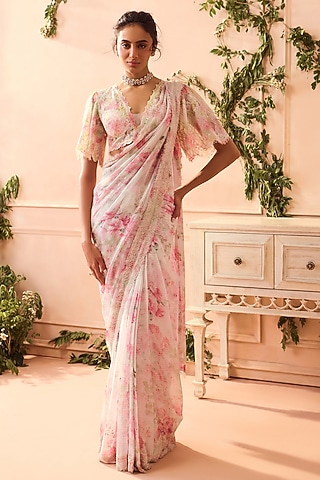 White & Pink Chiffon Printed Saree Set by Roseroom by Isha Jajodia